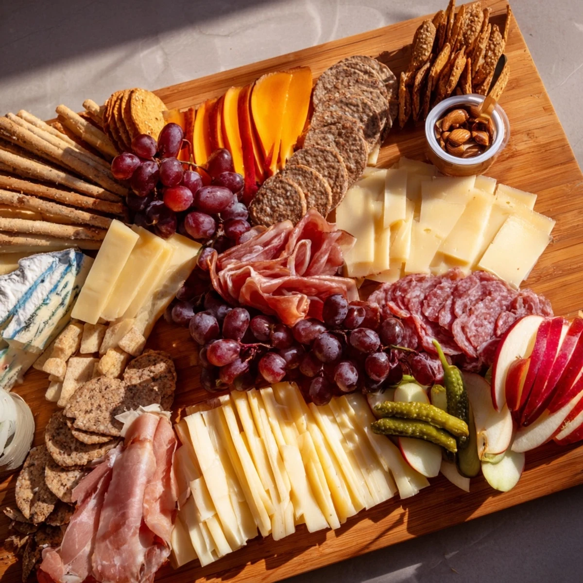 This Cheval Heureux snack board presents a delicious assortment of savory cheeses and charcuterie, ready to enjoy.