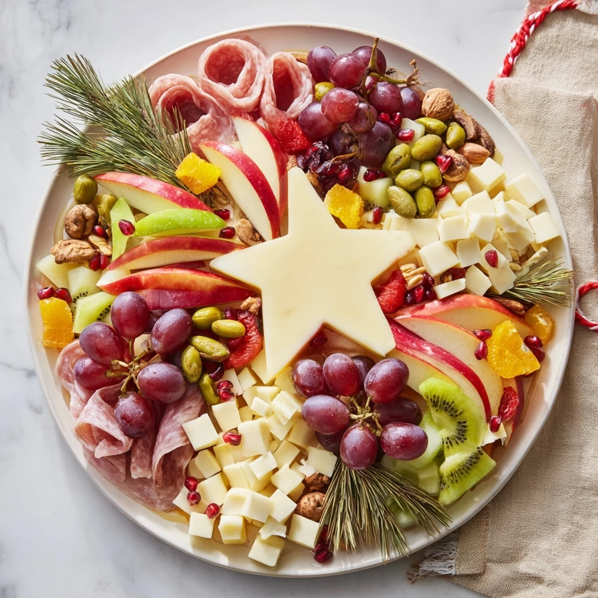 Festive Holiday Tree Appetizer Platter arranged with colorful cheeses, charcuterie, and fresh fruits for a gathering.