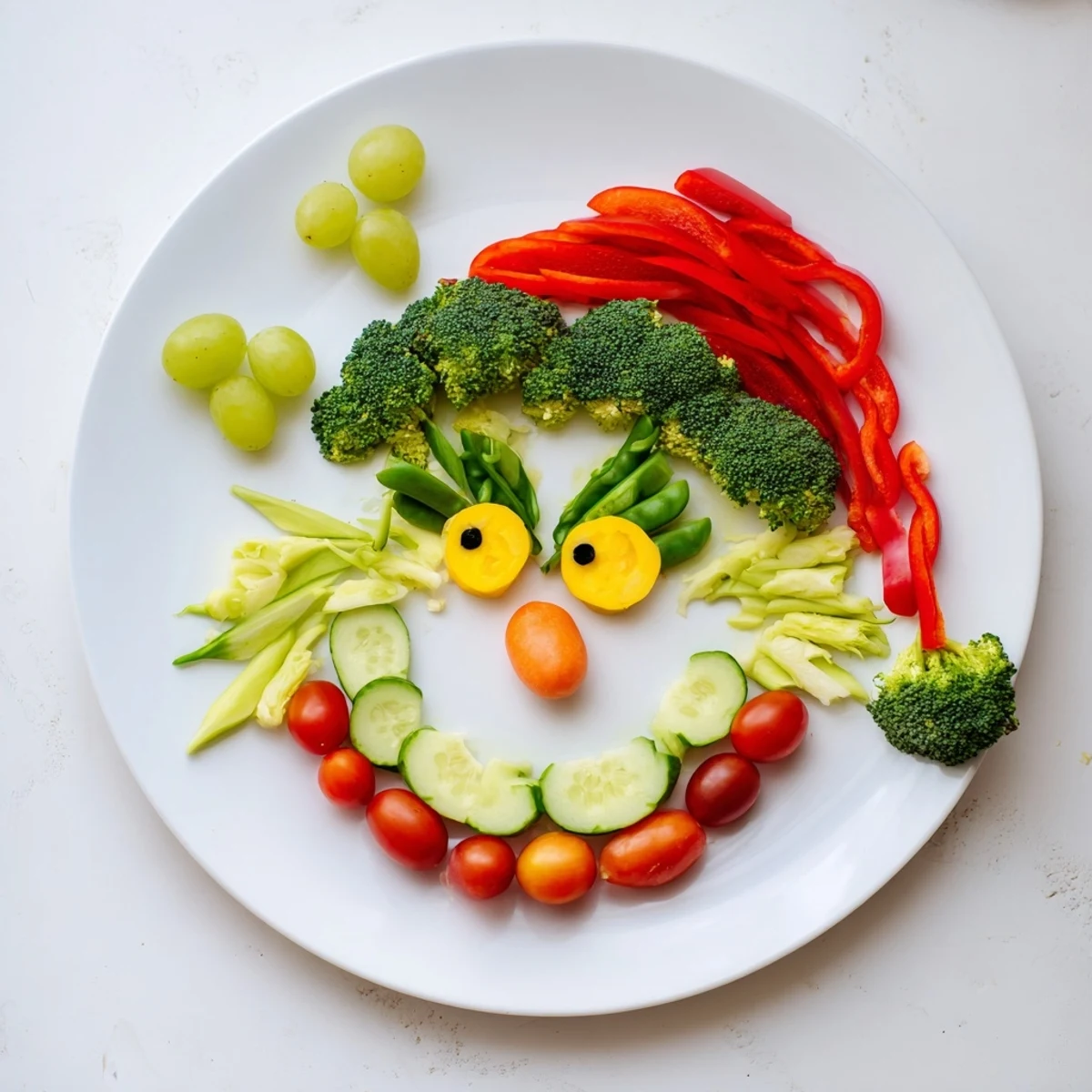Grinch Face Veggie Platter: A festive arrangement of vibrant green vegetables and cherry tomatoes.