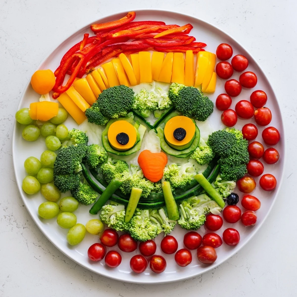 Holiday-ready Savory Grinch Face Veggie Platter, a delightful snack with fresh, colorful vegetables.