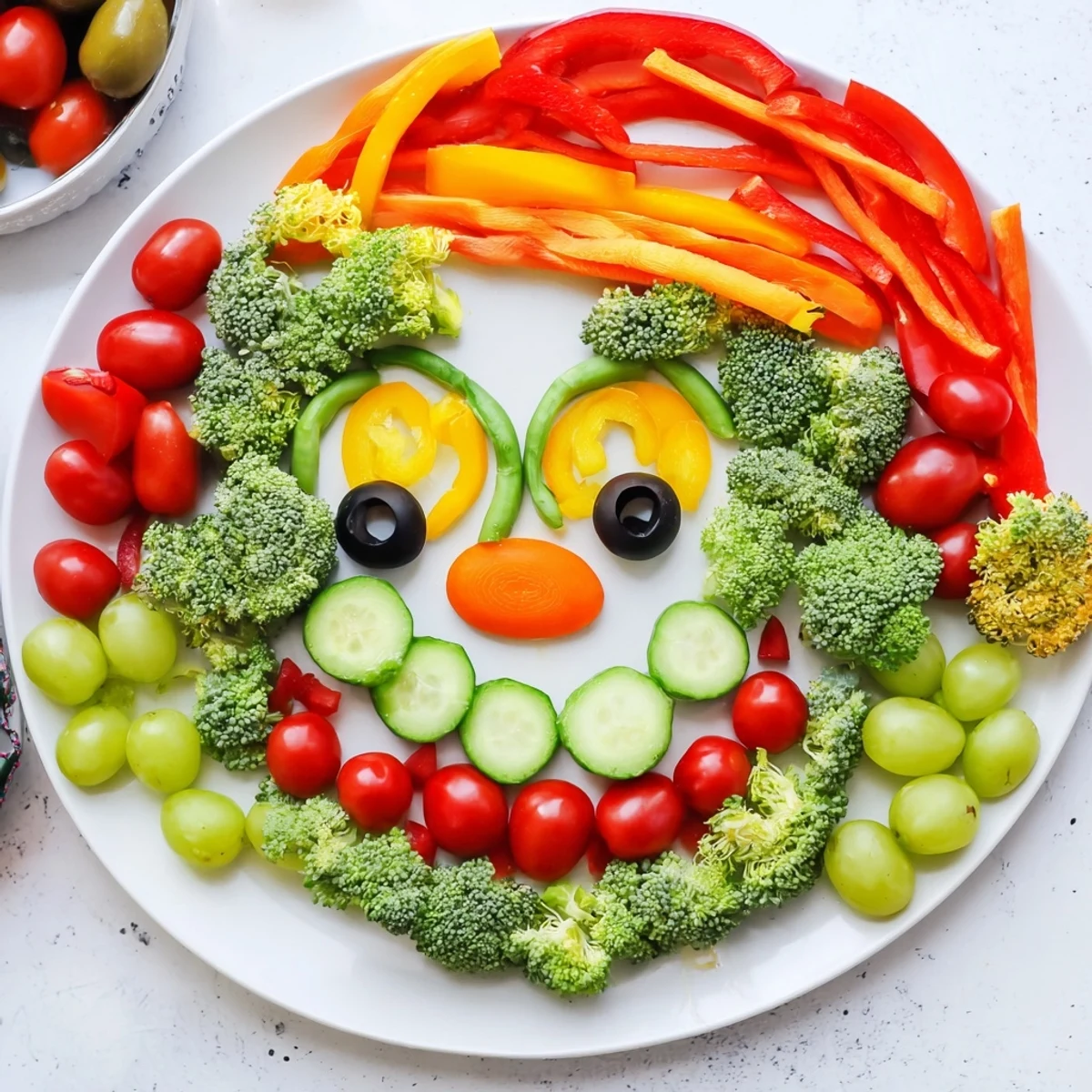 Delicious and healthy Savory Grinch Face Veggie Platter featuring a fun vegetable appetizer for everyone.
