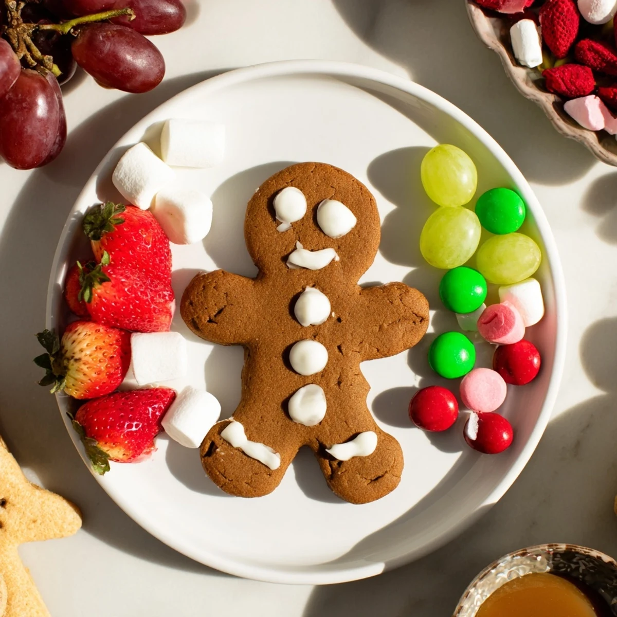 A gingerbread man cookie board, overflowing with holiday treats like fruit and candies.