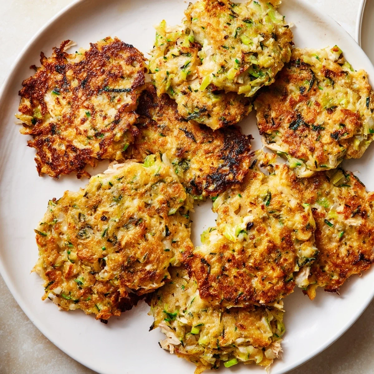 High-Protein Chicken Zucchini Fritters sizzling in a skillet, golden brown and ready to serve for dinner.