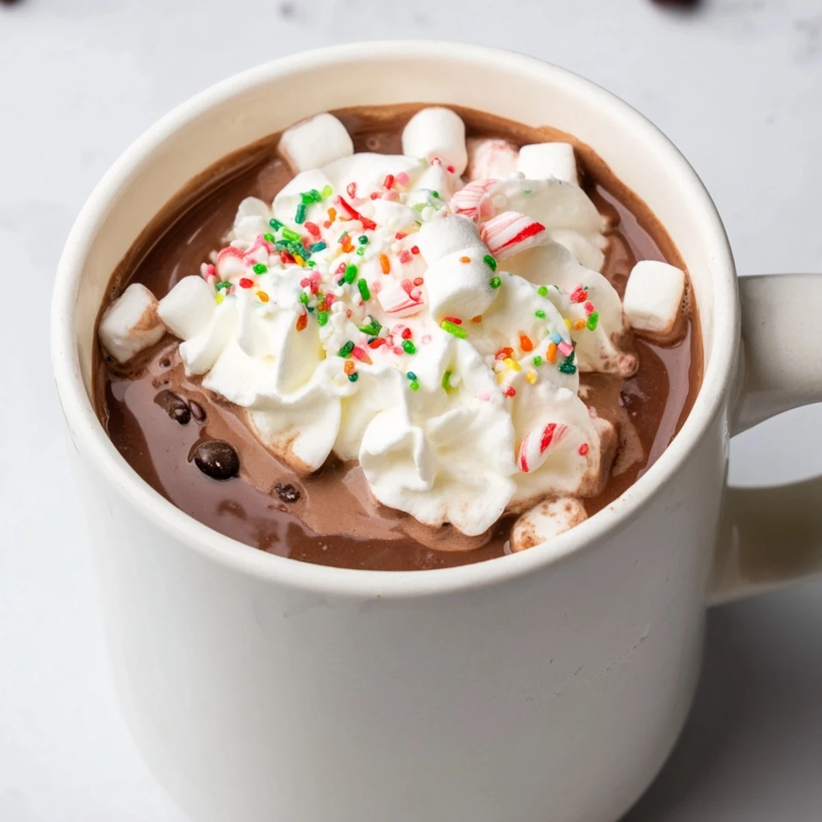 Rich and creamy Reindeer Hot Cocoa in mugs, topped with peppermint, a perfect cozy winter drink.