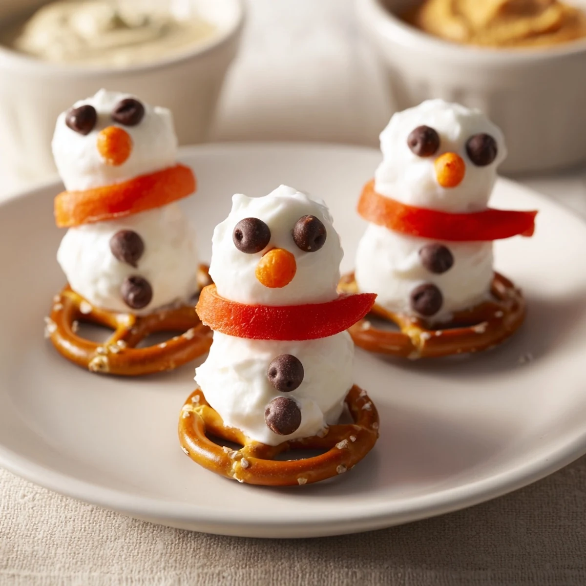 Get ready to enjoy this savory Snowman Pretzel Dip Platter, a delicious appetizer with colorful garnishes.