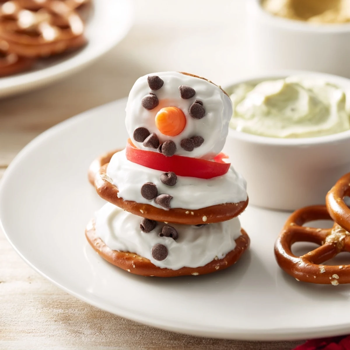 This image shows a fun Snowman Pretzel and Dip Platter, perfect for a cheerful holiday gathering.