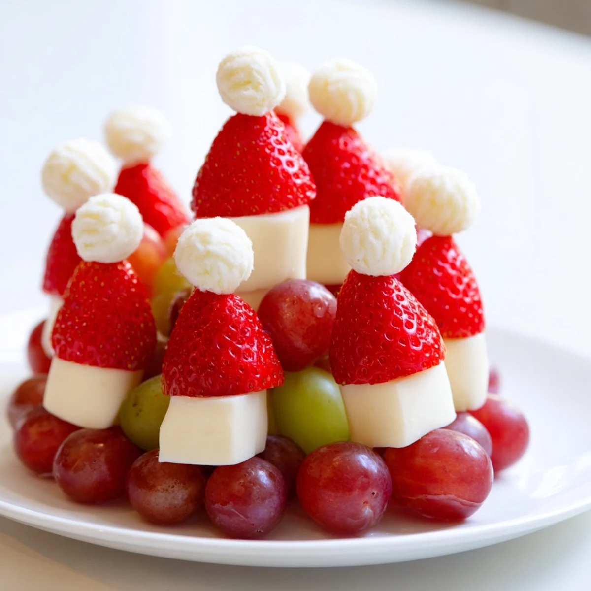 Festive Santa Hat Fruit and Cheese Platter with strawberries, mozzarella, and grapes arranged for a holiday appetizer.