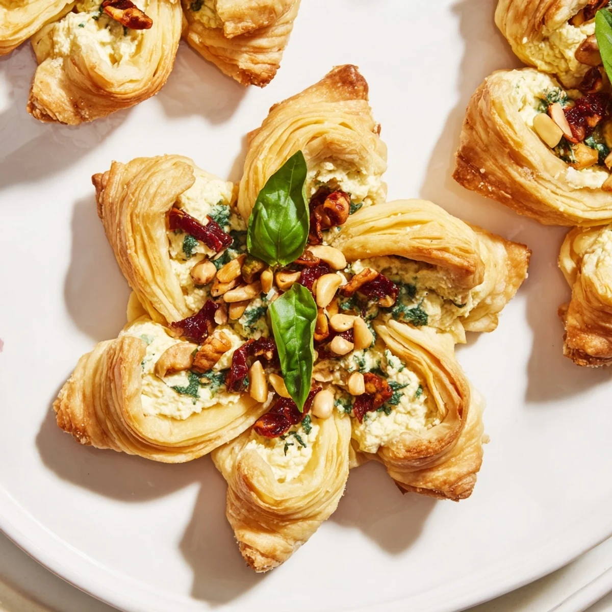 Close-up of a flaky Poinsettia Puff Pastry Appetizer, perfect for a festive vegetarian holiday treat.