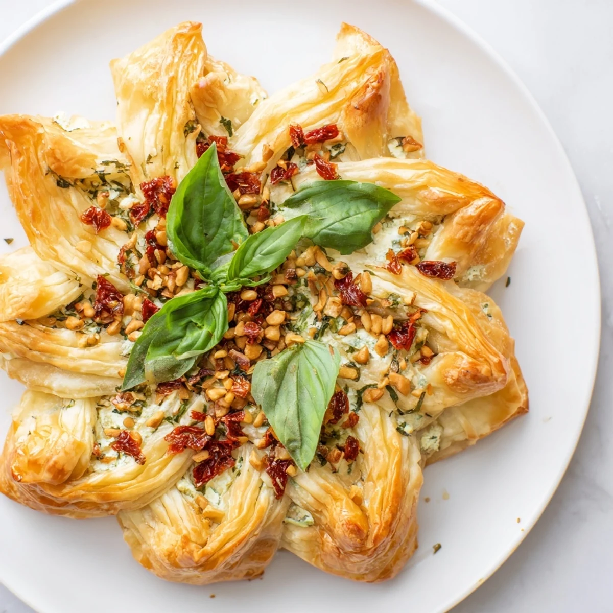 Golden-brown Poinsettia Puff Pastry Appetizer, ready to eat, with sun-dried tomato and herb filling.