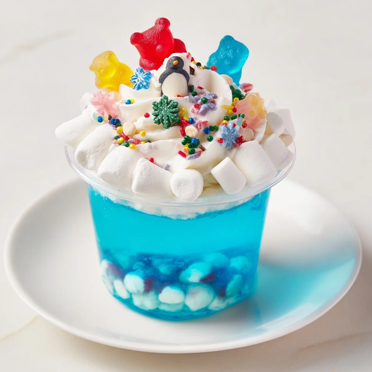 Vibrant and festive, these Snow Globe Jello Cups show layers of gelatin and marshmallows for dessert.
