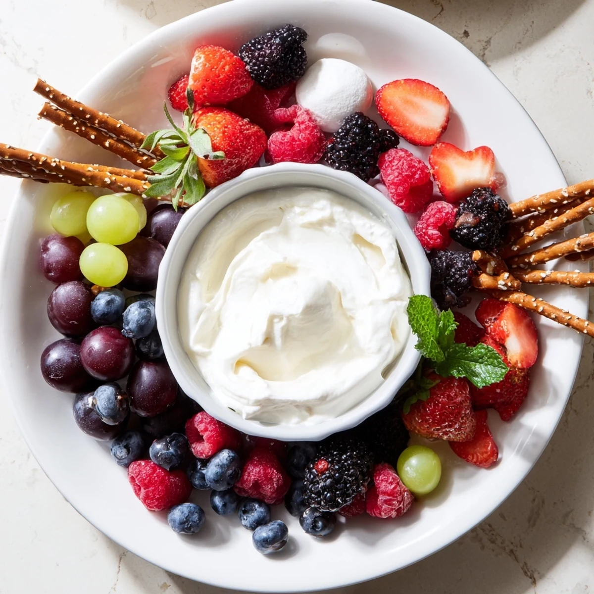 A vibrant Mistletoe Kiss Berry Dip Board overflows with fresh berries and creamy dip, ideal for holiday parties.
