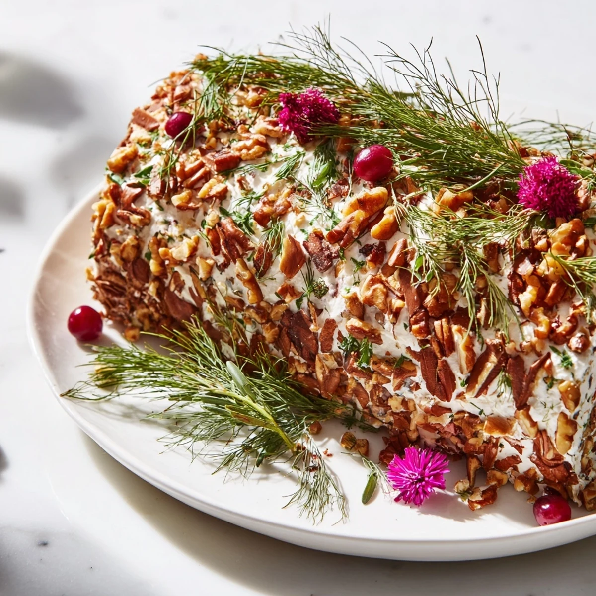 Festive Yuletide Log Cheese Centerpiece, a holiday appetizer with a textured, herb-coated exterior, ready to serve!