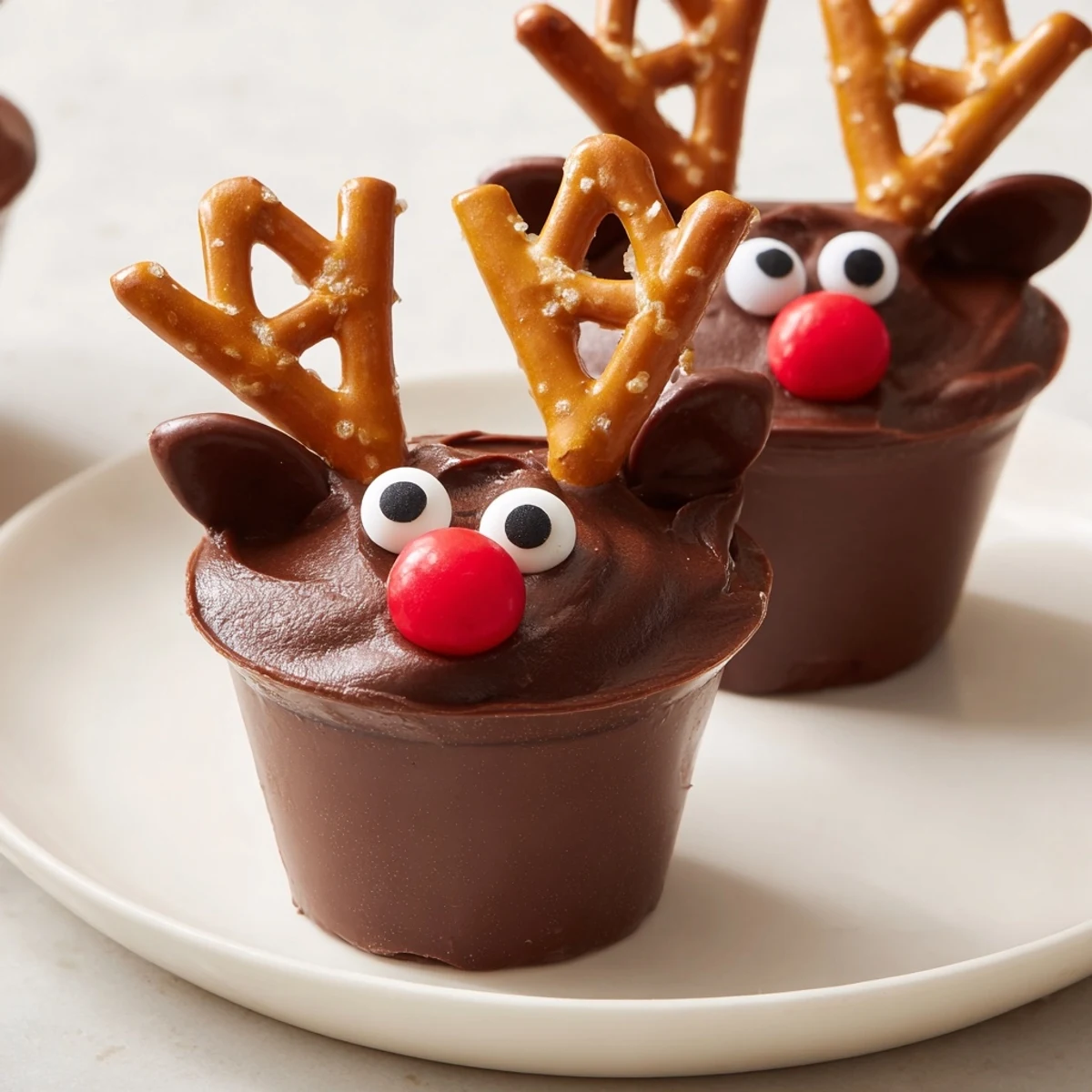 Festive Chocolate Reindeer Pudding Cups feature pretzel antlers, candy eyes, and a red nose, ready to be enjoyed.