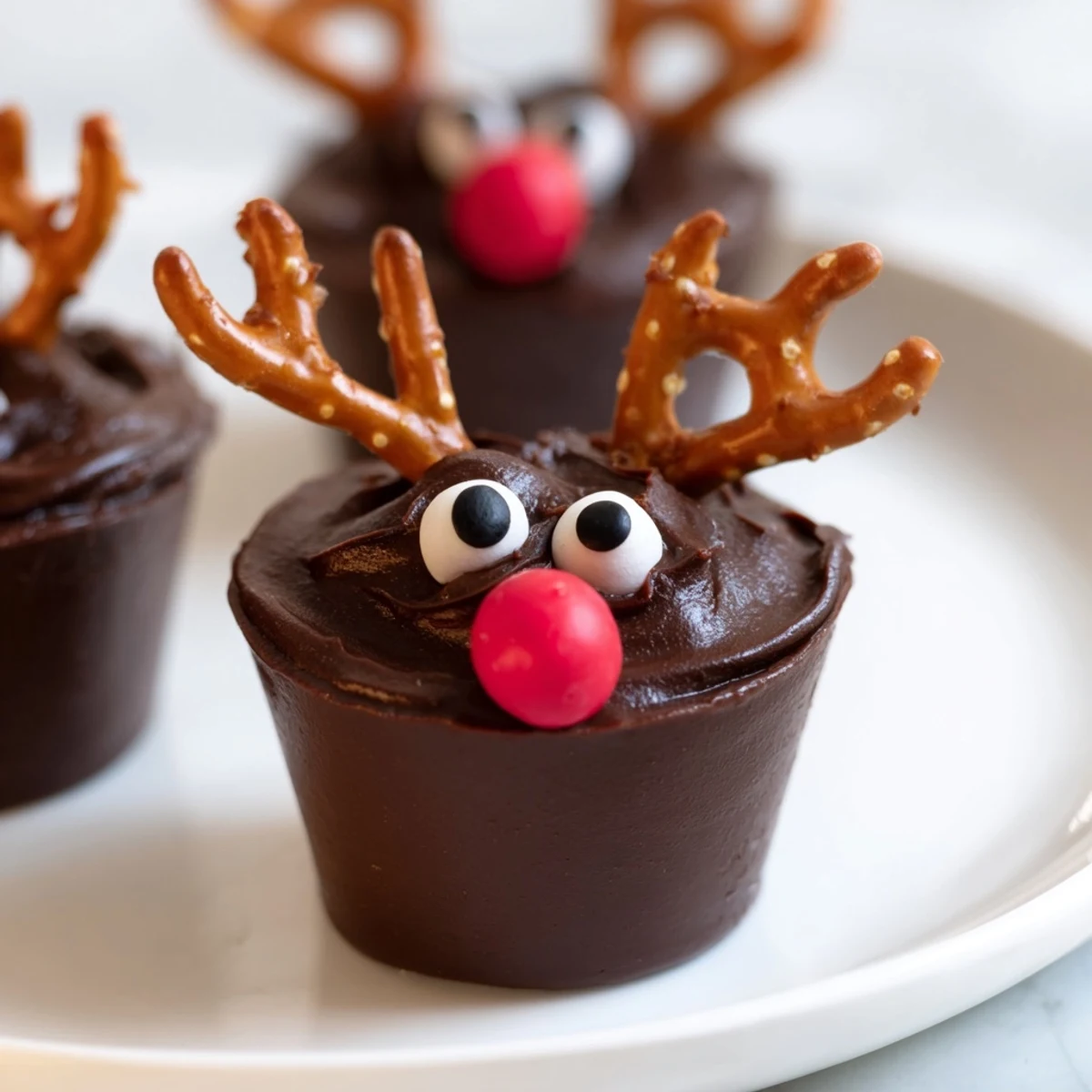 A delicious dessert board displaying Chocolate Reindeer Pudding Cups with brownie bites, perfect for Christmas.
