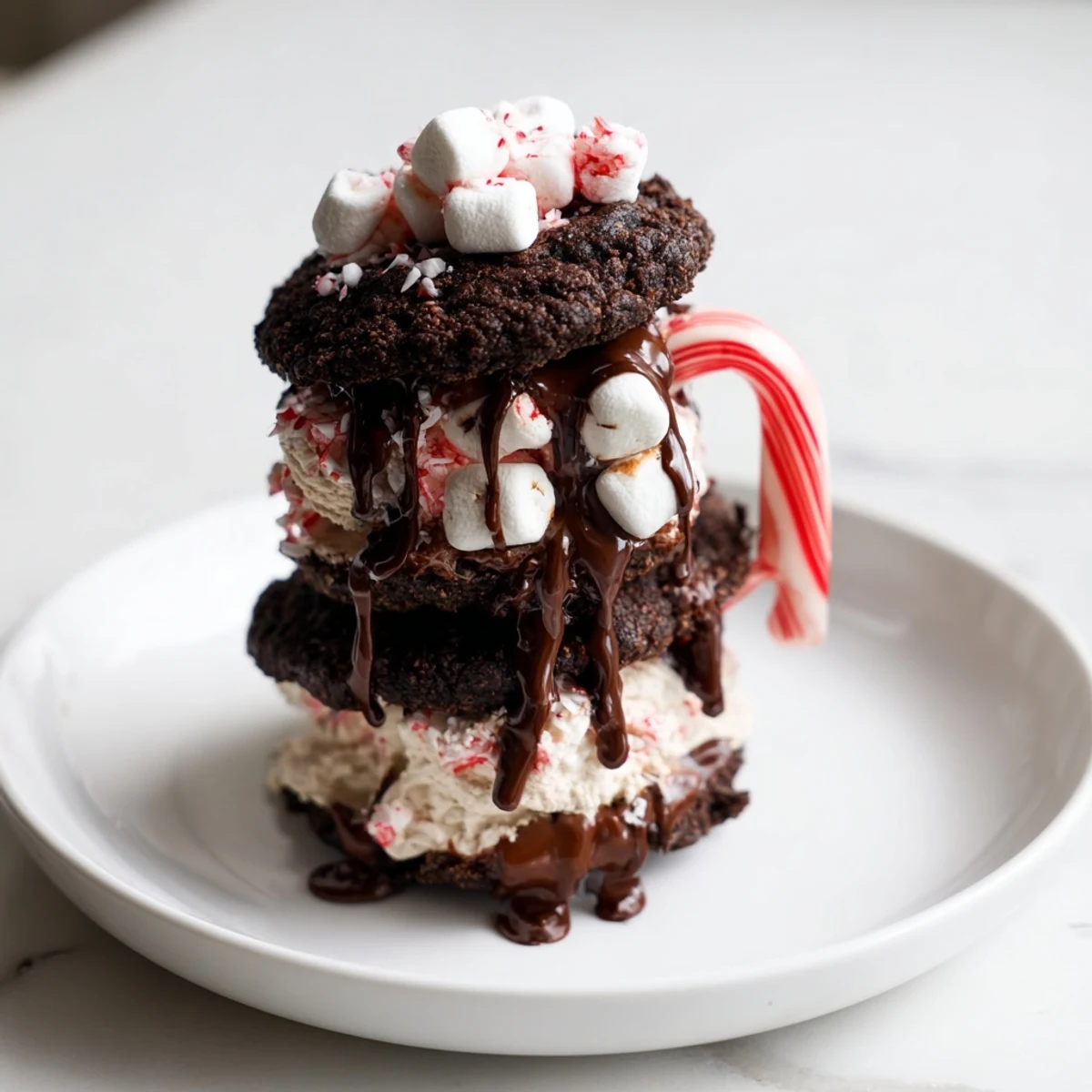 Warm, gooey Hot Cocoa Mug Cookie Stack, adorned with melted chocolate and mini marshmallows.