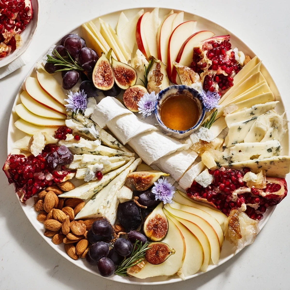 A beautifully arranged Star of Bethlehem cheese platter featuring colorful fruits, cheeses, and garnishes.