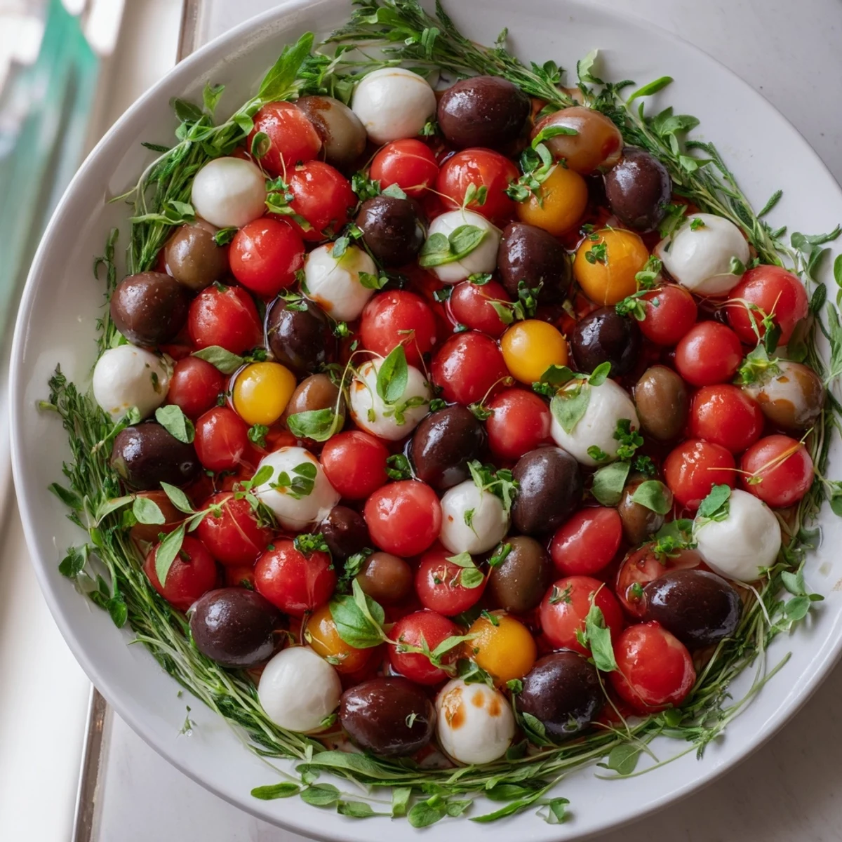 Festive olive and cherry tomato appetizer wreath, a colorful, Mediterranean-inspired dish for your party.