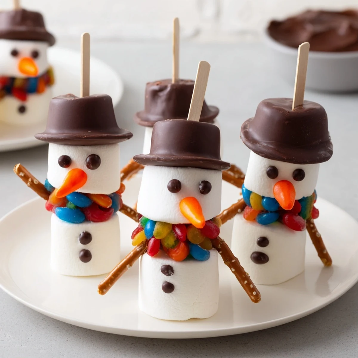 Melting chocolate coats adorable marshmallow snowman stick faces for a festive kids' party treat.