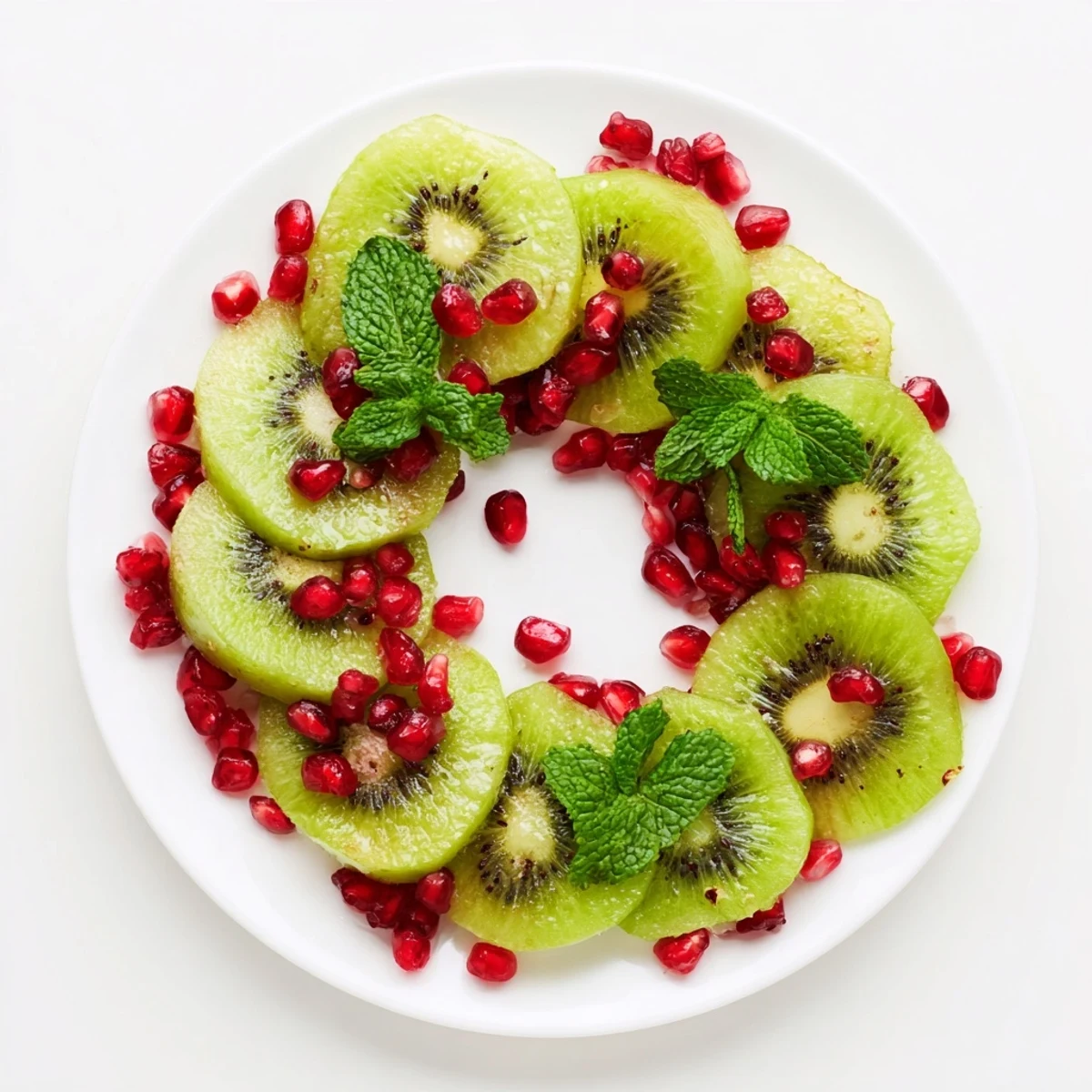 Bursting with color, this Kiwi and Pomegranate Christmas Wreath Fruit Plate showcases juicy kiwi and ruby pomegranate arils.