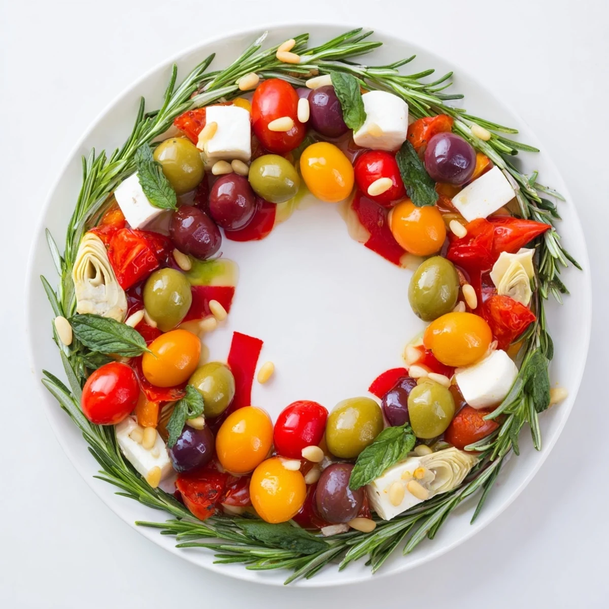 A colorful Olive and Cherry Tomato Garland Board, an appetizing arrangement for easy entertaining.