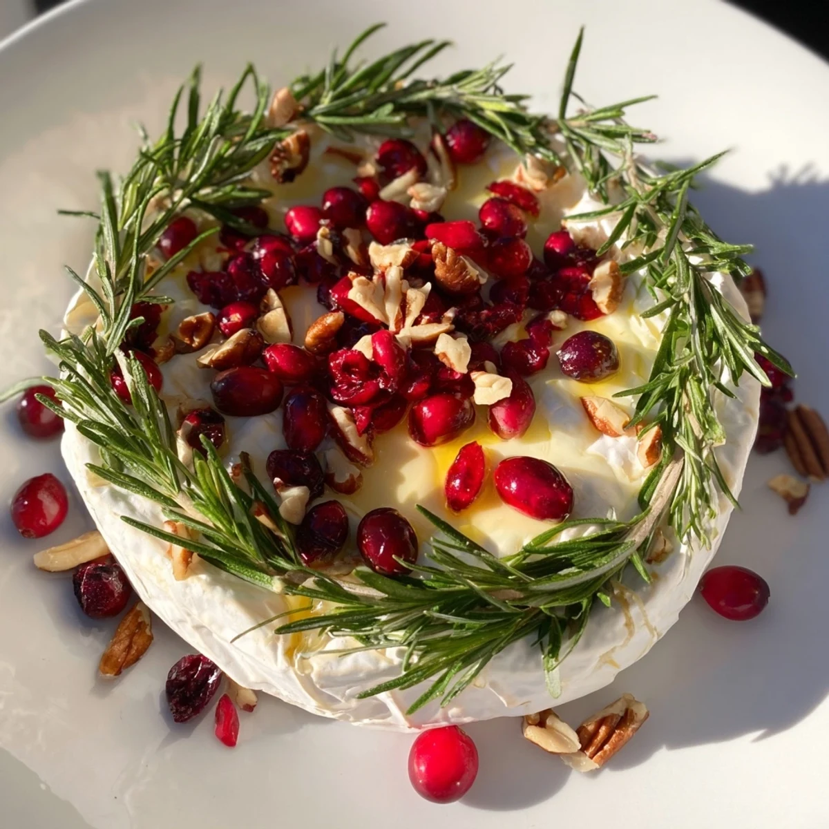 Creamy Brie Cheese Wheel with Rosemary Wreath: an elegant appetizer, beautifully garnished and ready to serve.