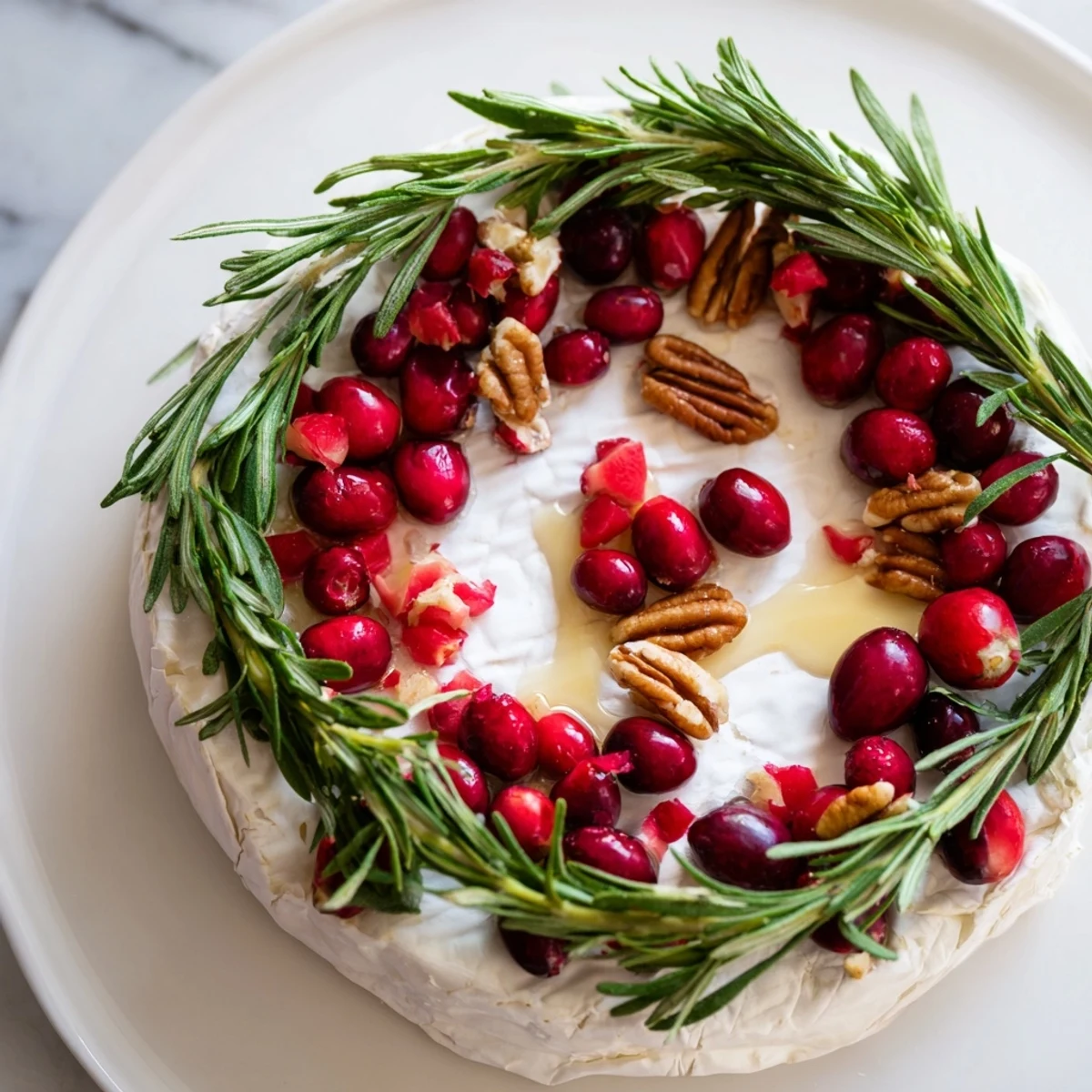 Festive Brie Cheese Wheel with Rosemary Wreath, a no-cook appetizer perfect for holiday tables and gatherings.