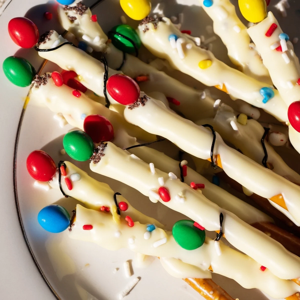Christmas light pretzel sticks: Sweet, colorful, no-bake snack with melted candy and mini chocolate chips.