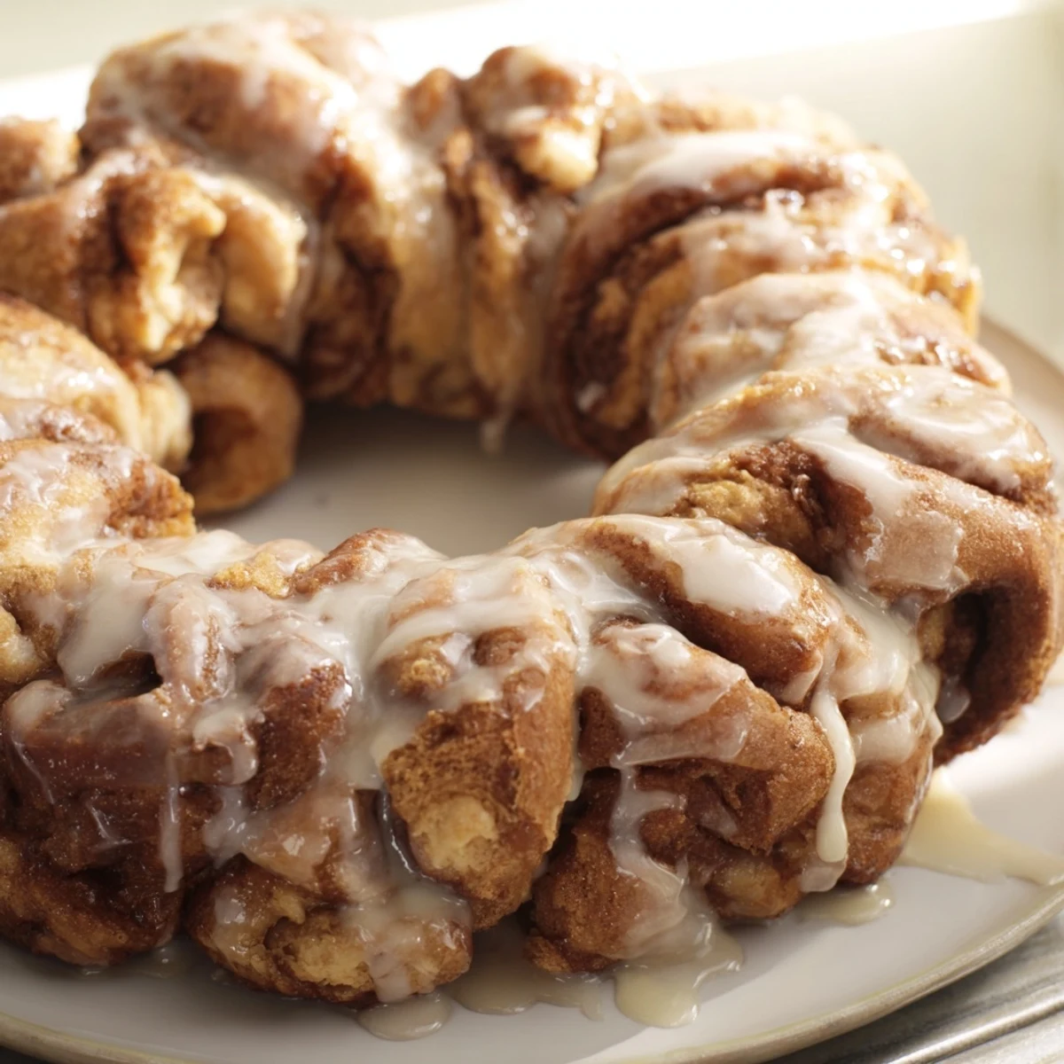 Fluffy, golden brown cinnamon roll pull-apart wreath, perfect for sharing at a family brunch.