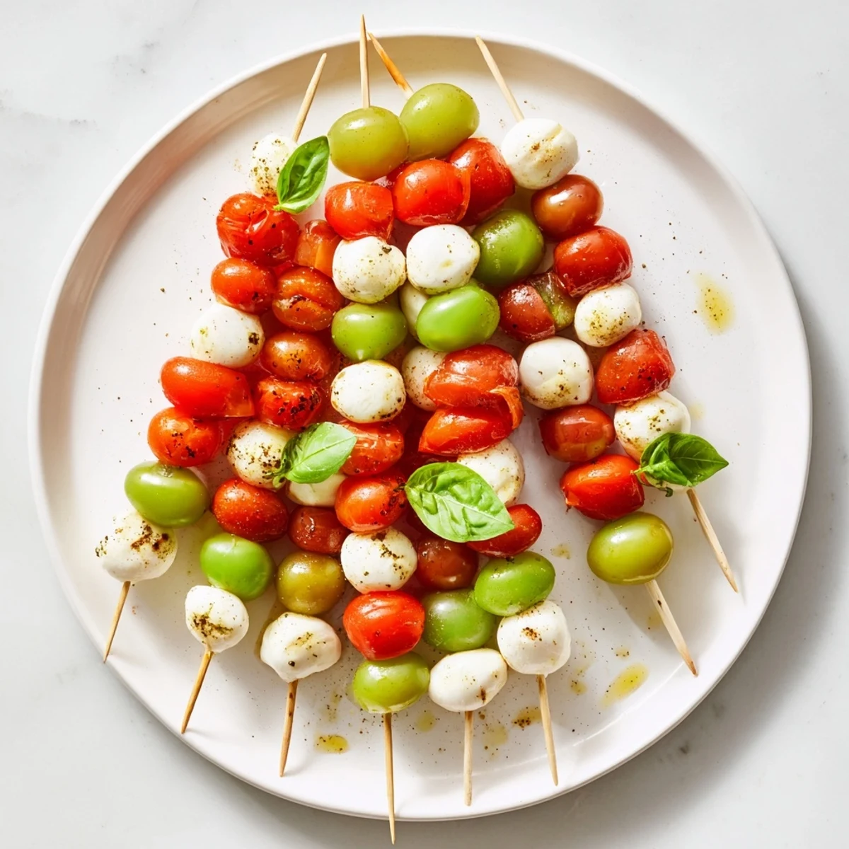 Vibrant Caprese Skewer Tree with juicy tomatoes, perfect for a vegetarian holiday appetizer.