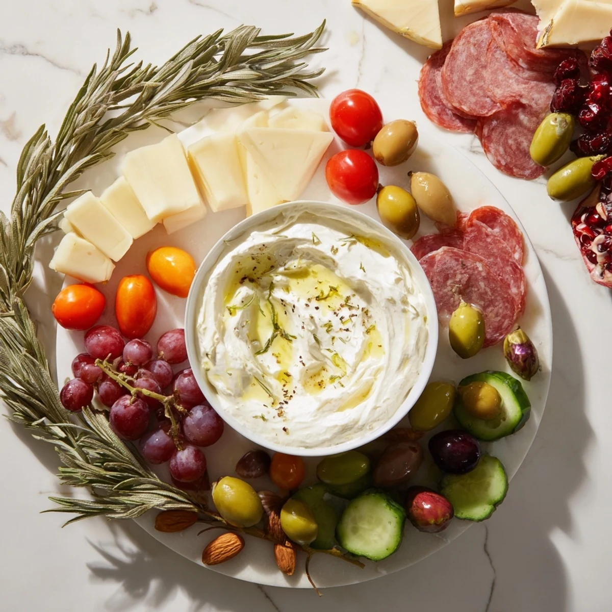 Close up shot of The Evergreen Wreath Board showing a mix of textures and flavors on a round platter ready to serve.
