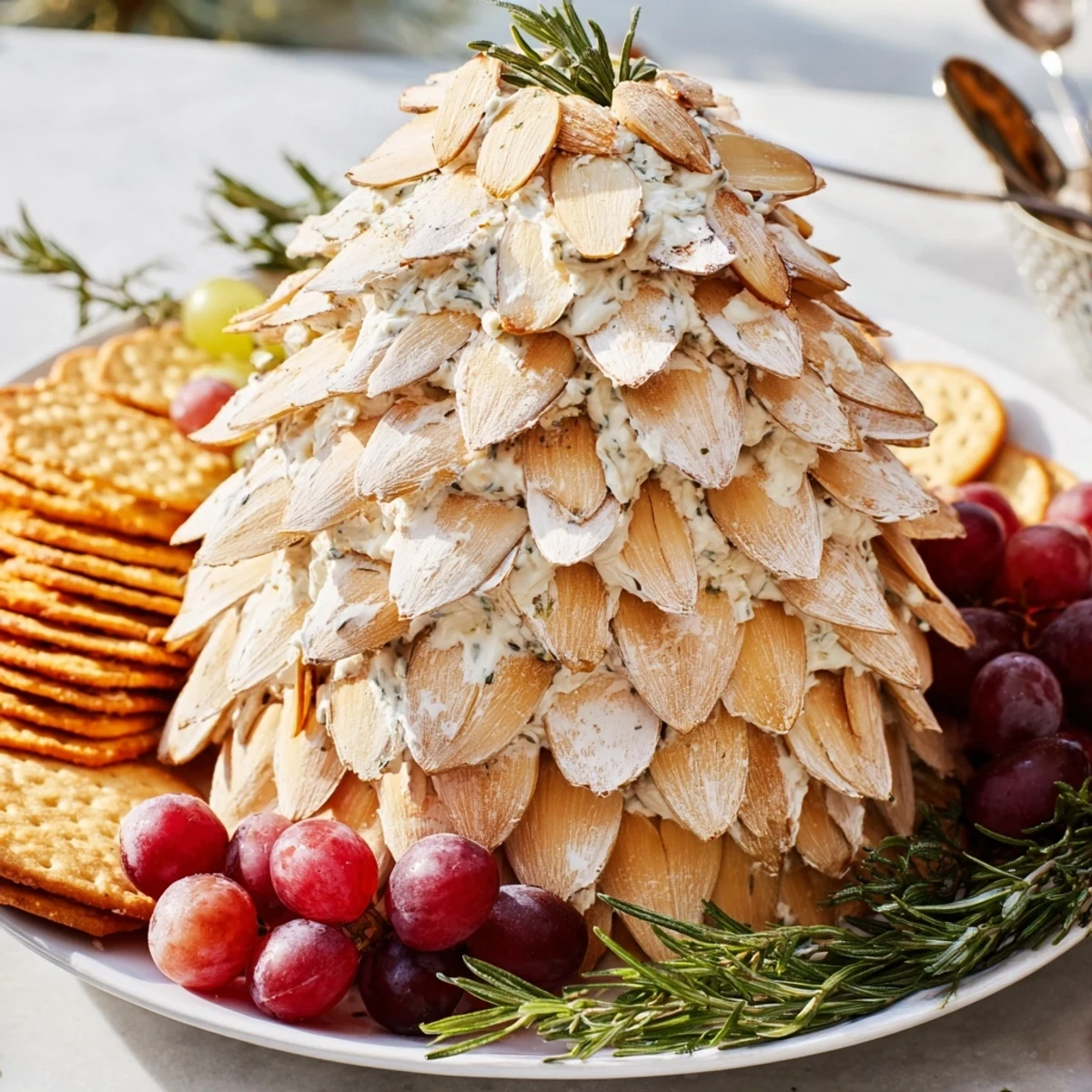 A snowy Snowy Pinecone Centerpiece with almond slices, grapes, and crackers, a perfect holiday appetizer.