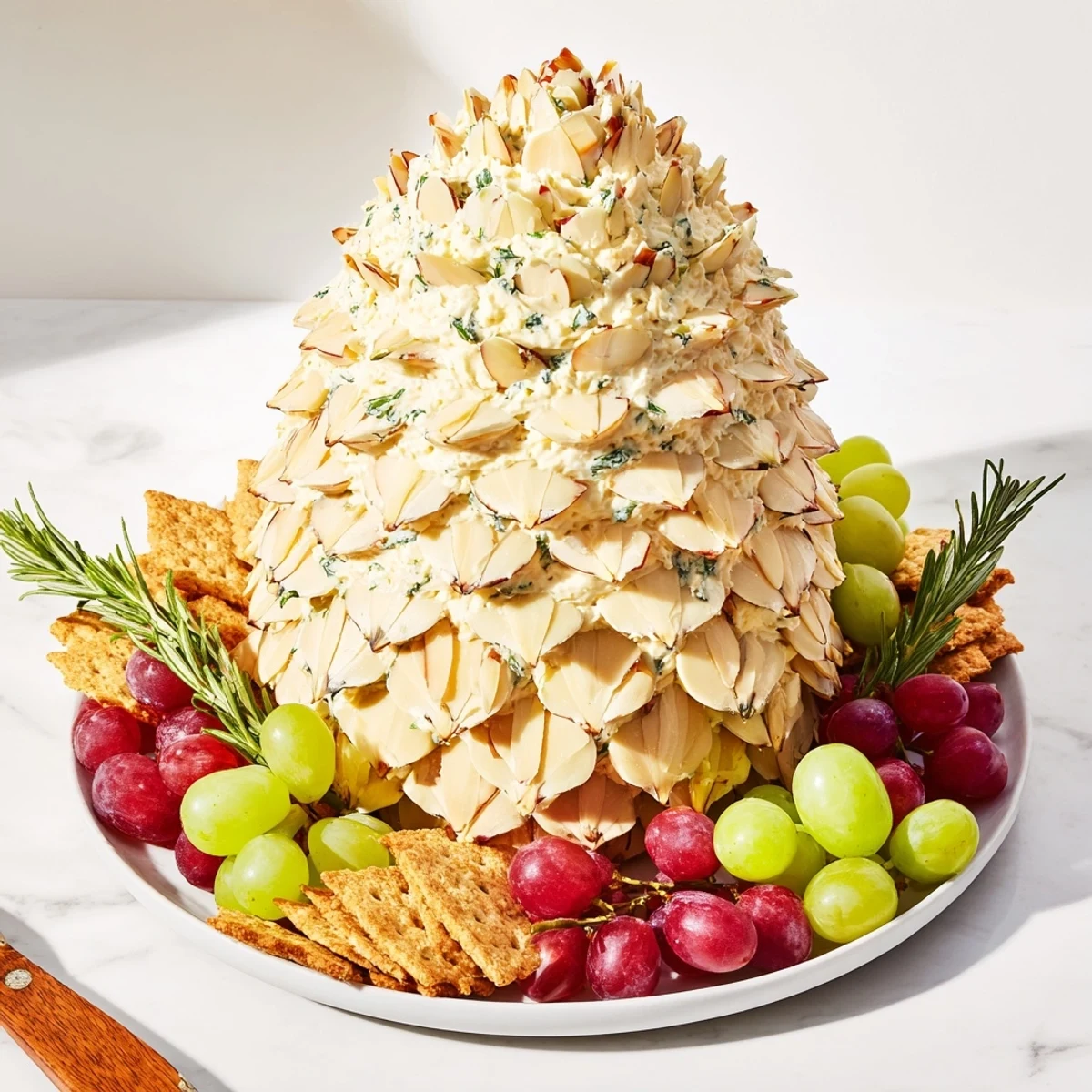 A close-up of the elegant Snowy Pinecone Centerpiece, dusted with powdered sugar, ready for a winter feast.