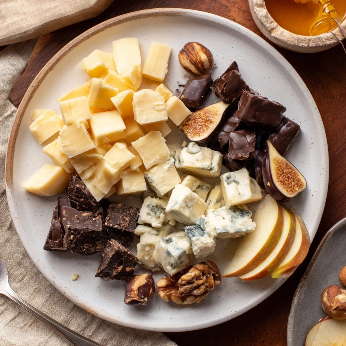 Fireside Comfort & Cocoa photo: A rustic wooden platter filled with aged cheeses, chocolates, and inviting, warm hot cocoa.