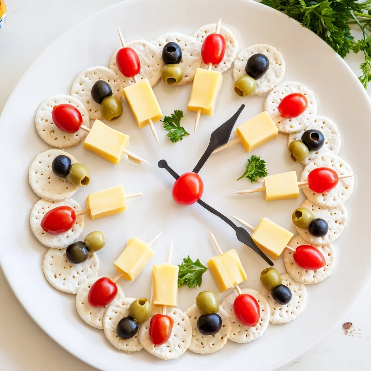 New Years Clock Countdown party platter set for New Year's Eve, featuring cheese and olives.