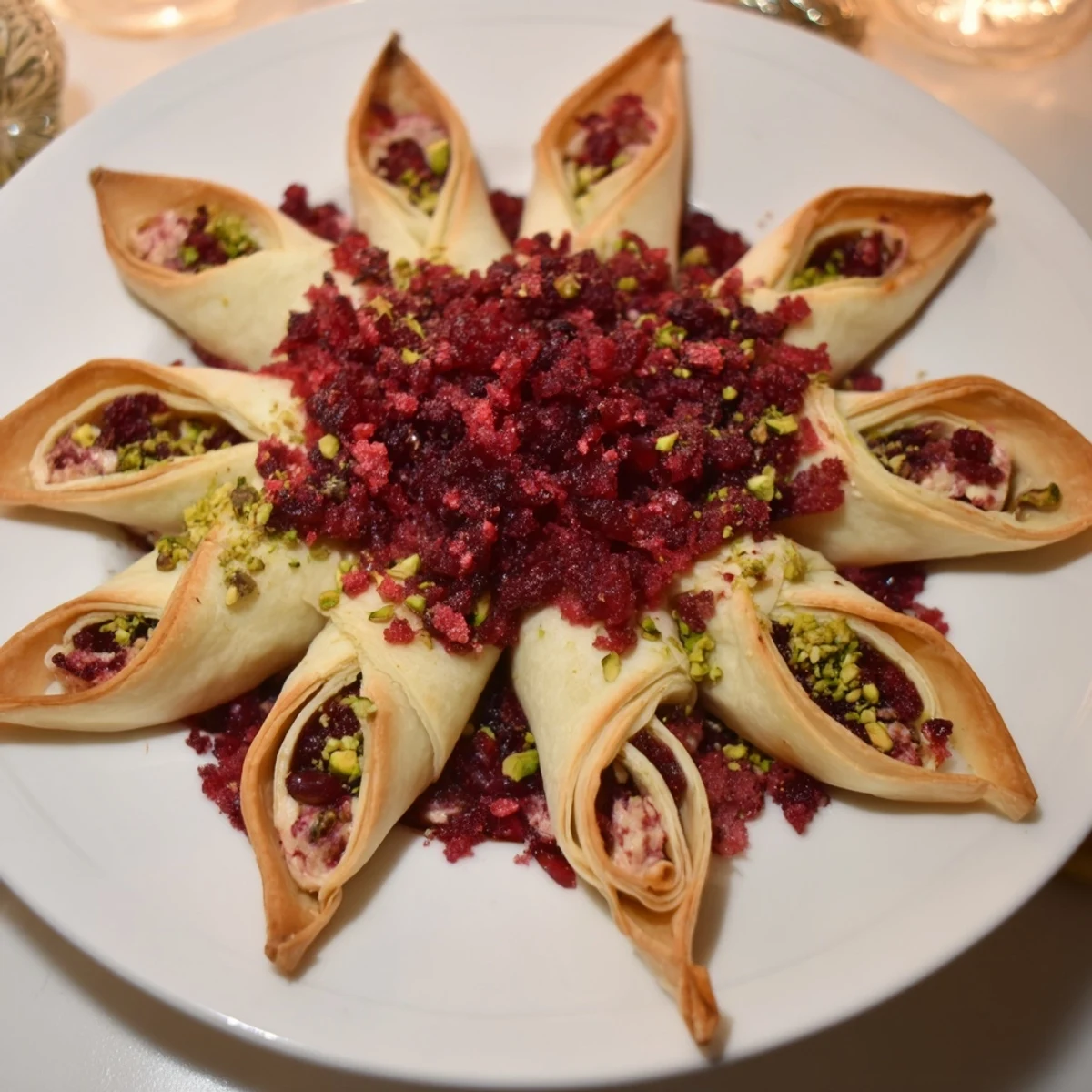 Festive Cranberry Christmas Star appetizer, a golden baked pastry star filled with bright cranberries.