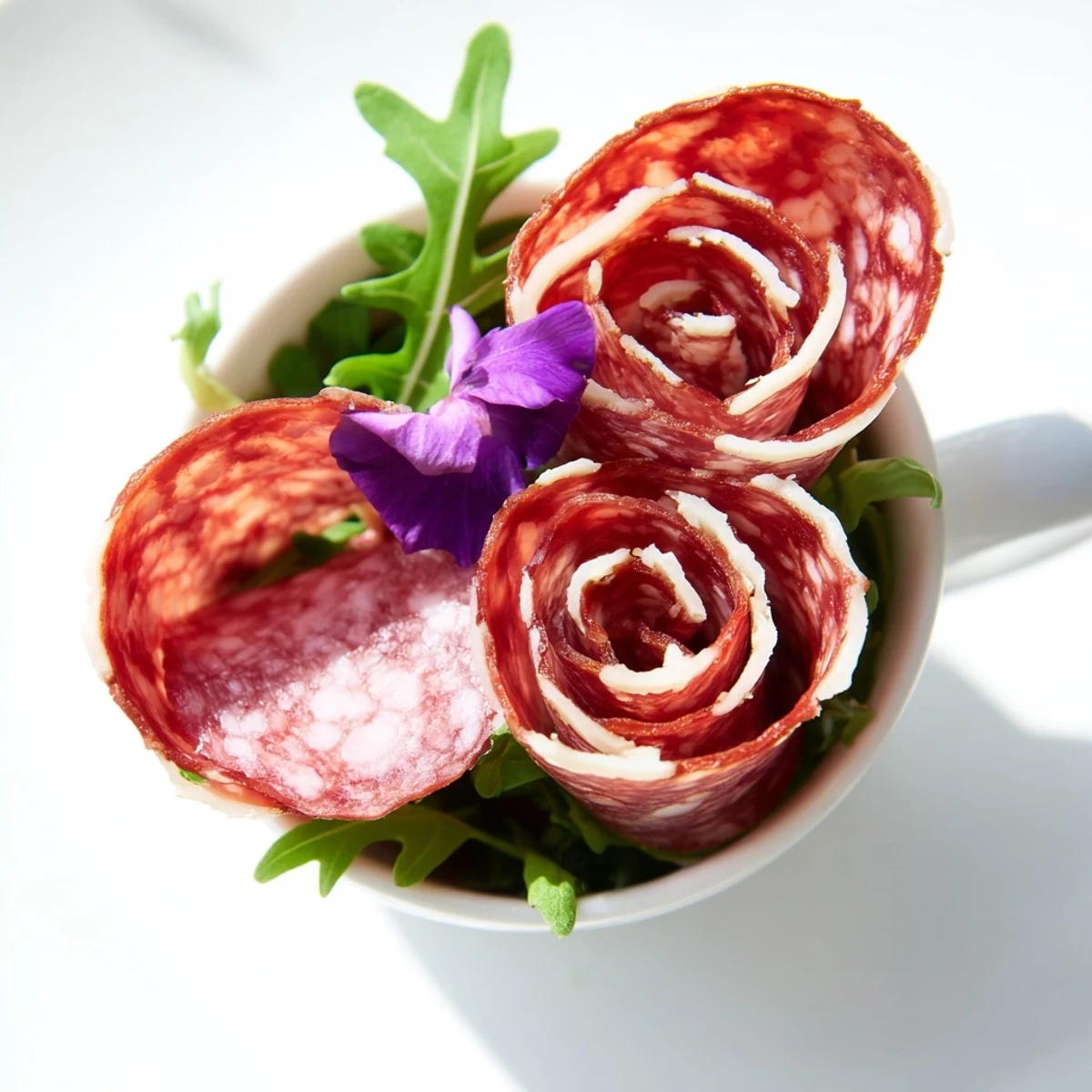 Vibrant salami and pepperoni The Victorian Tea Rose appetizer roses ready for the Victorian-themed tea party.