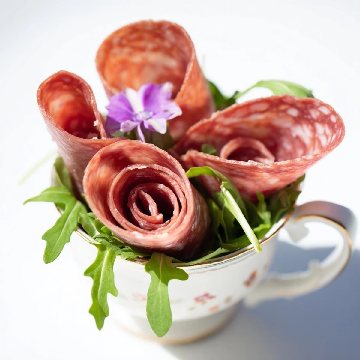 Elegant salami and pepperoni roses forming The Victorian Tea Rose, a charming appetizer presented in teacups.