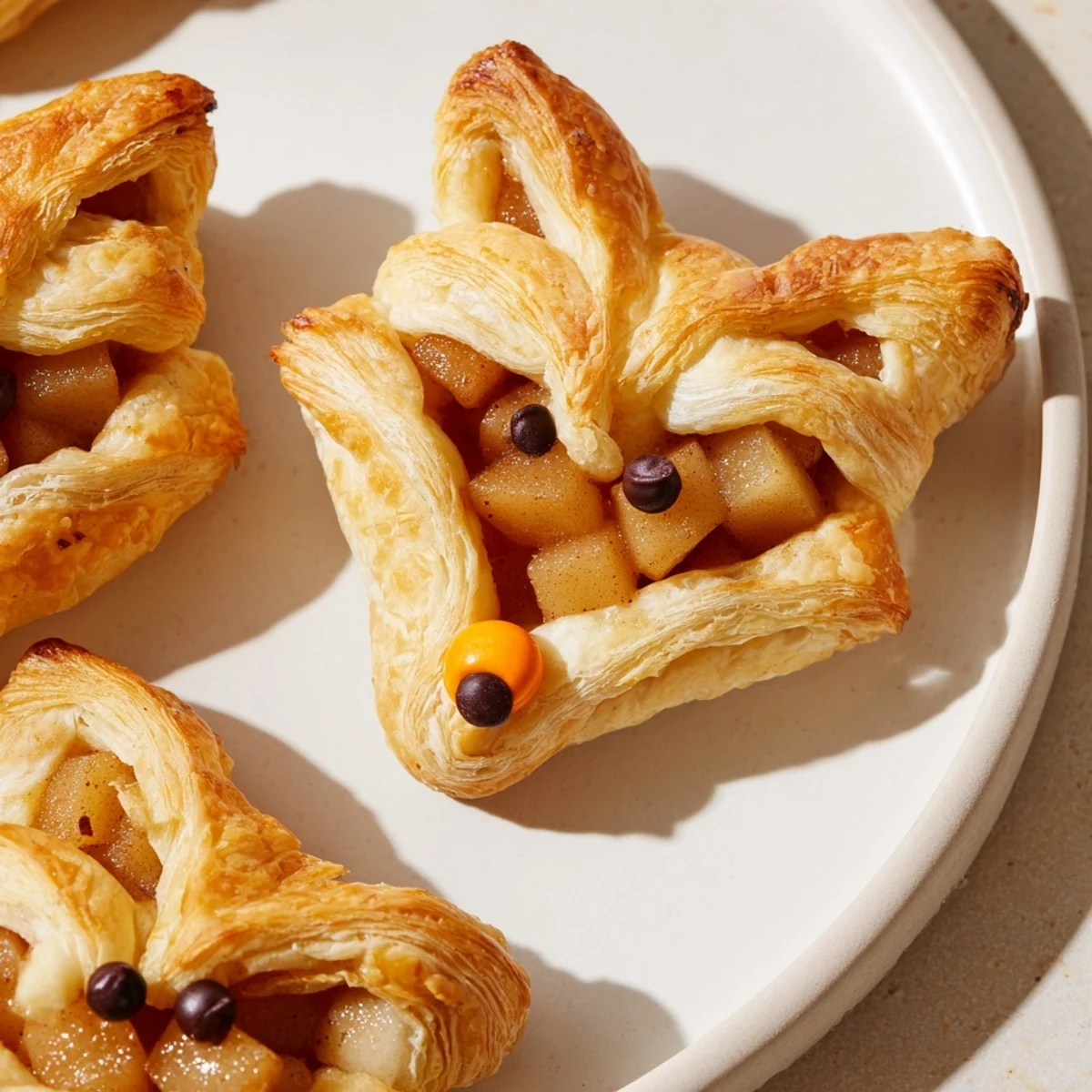 Golden, flaky Autumn Harvest Fox-Shaped Bites, warm with spiced fruit filling, ready to serve on a platter.