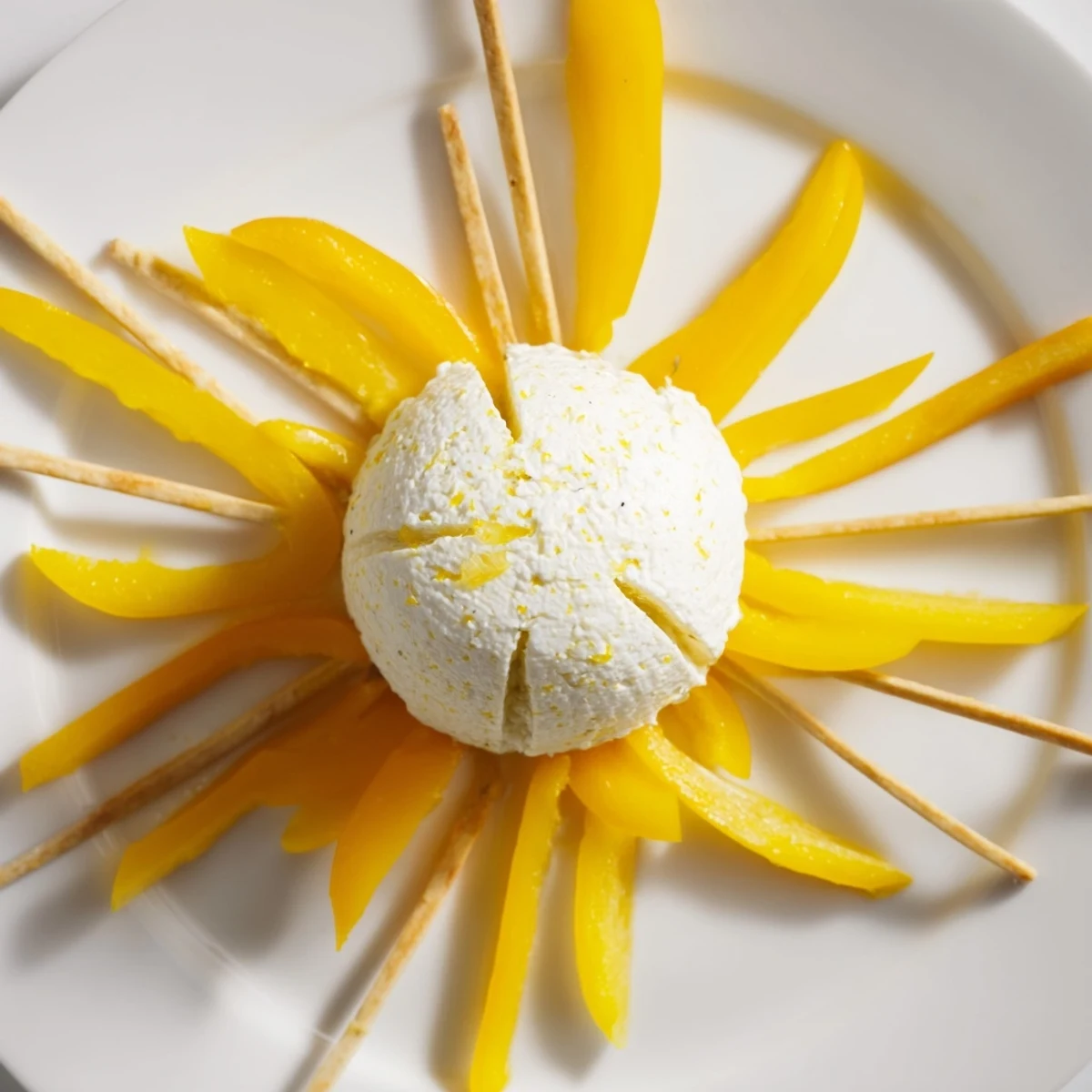 A bright Tuscan Sunburst appetizer: yellow peppers arranged around creamy goat cheese, ready to eat.