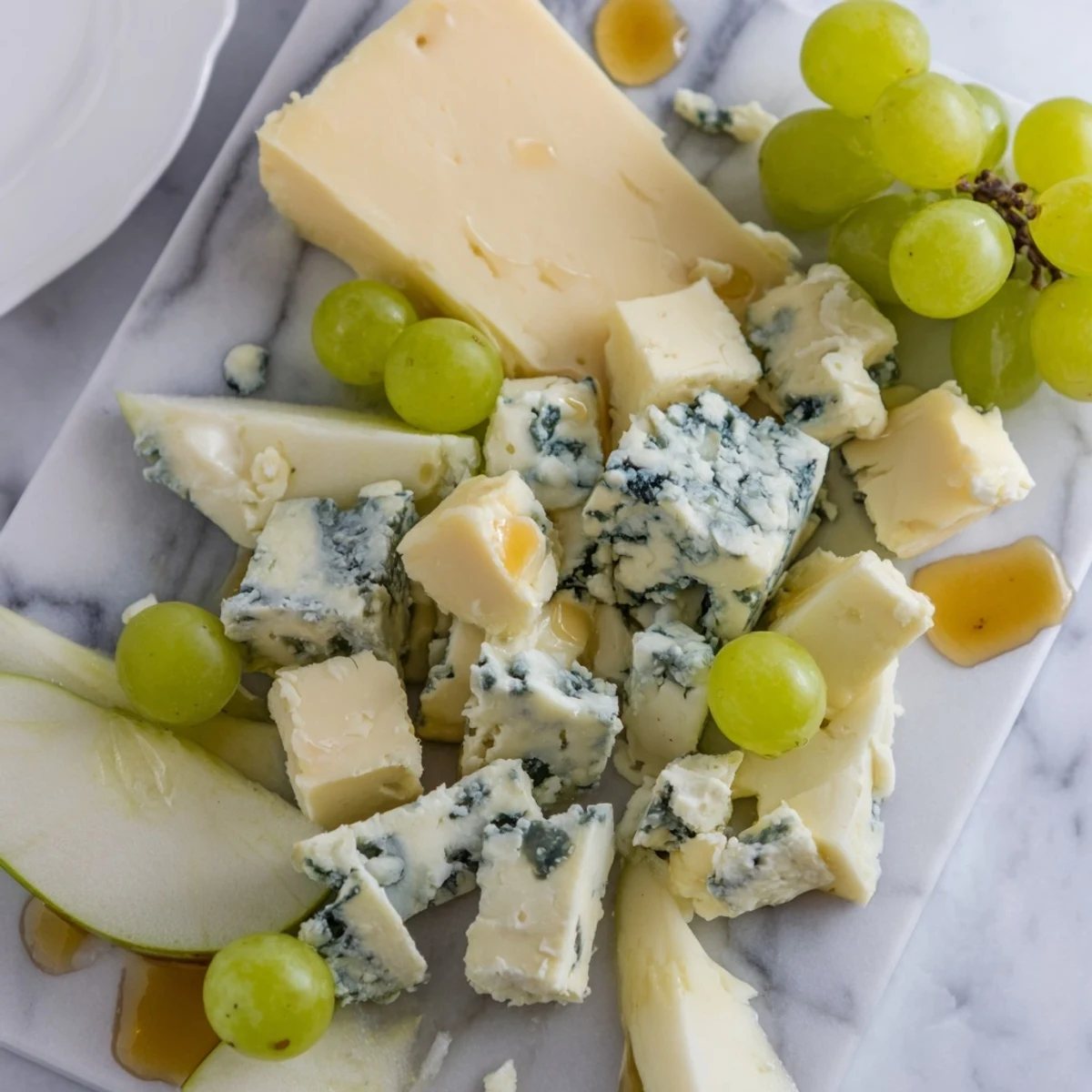 Irregular blue cheese and cheddar pieces form a flavorful "Marble Quarry" appetizer arrangement.