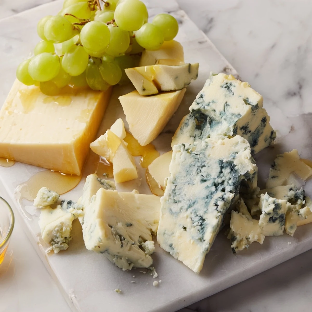 A visually stunning "Marble Quarry" cheese board features blue cheese and white cheddar chunks.