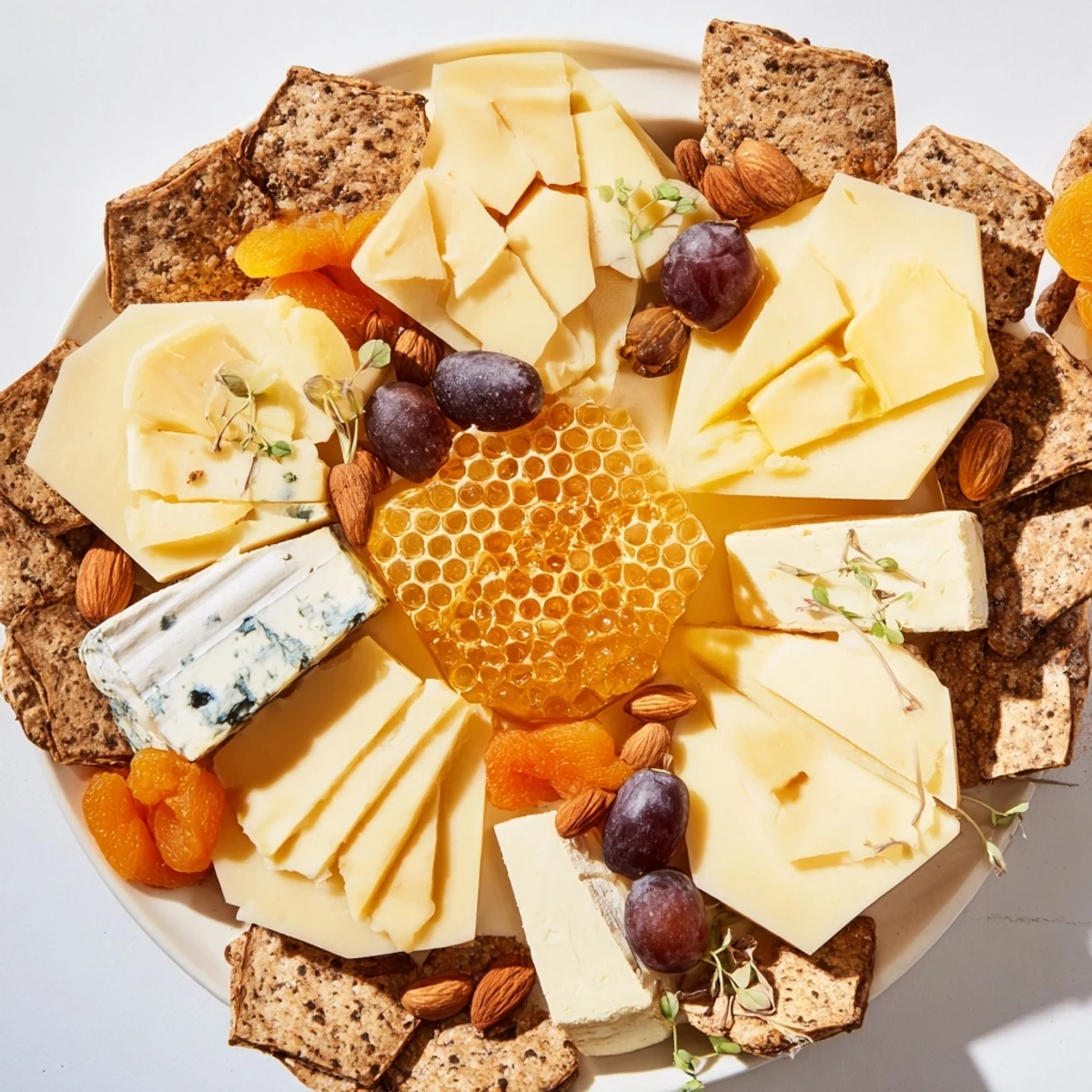 A visually stunning 'Gilded Hive' cheese board featuring artfully cut hexagonal cheeses and crackers.