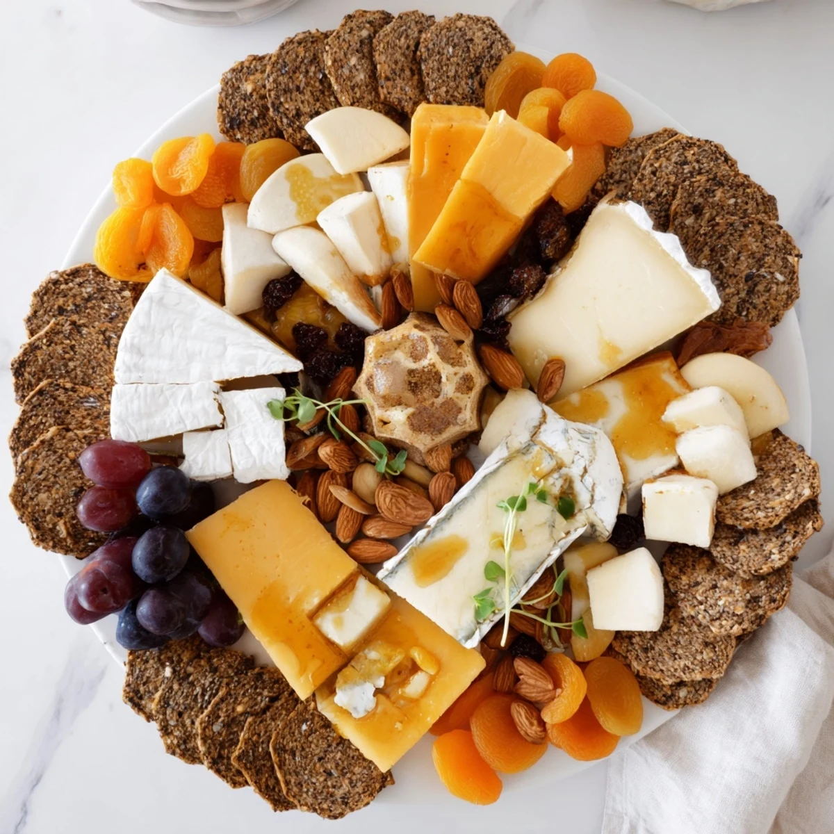 Appetizing 'Gilded Hive' cheese board with artful hexagon cheeses, crackers, and delicious accompaniments.