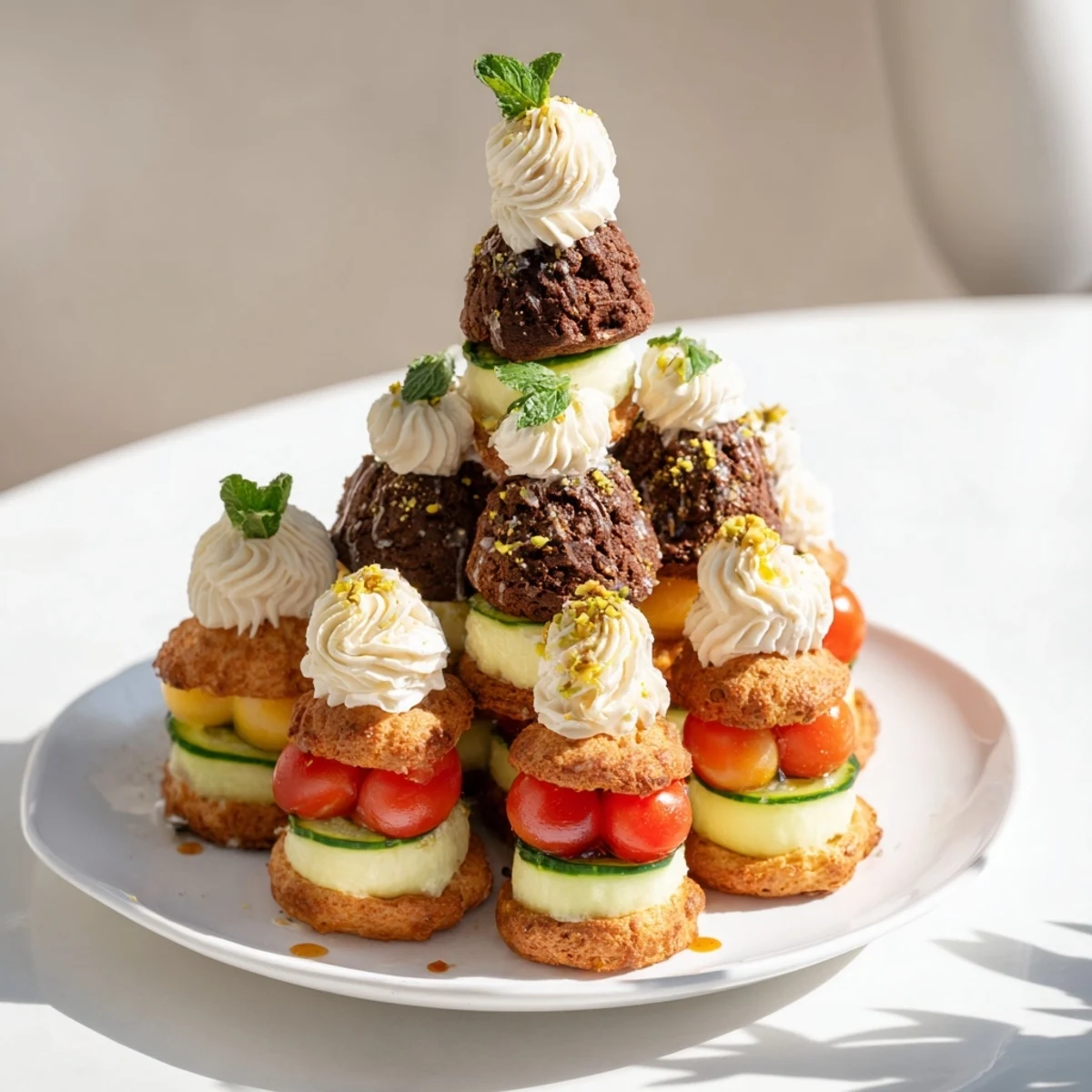 An elegant Tour dÉléphant Goûter Gourmand snack tower with honey drizzle, ready to enjoy.