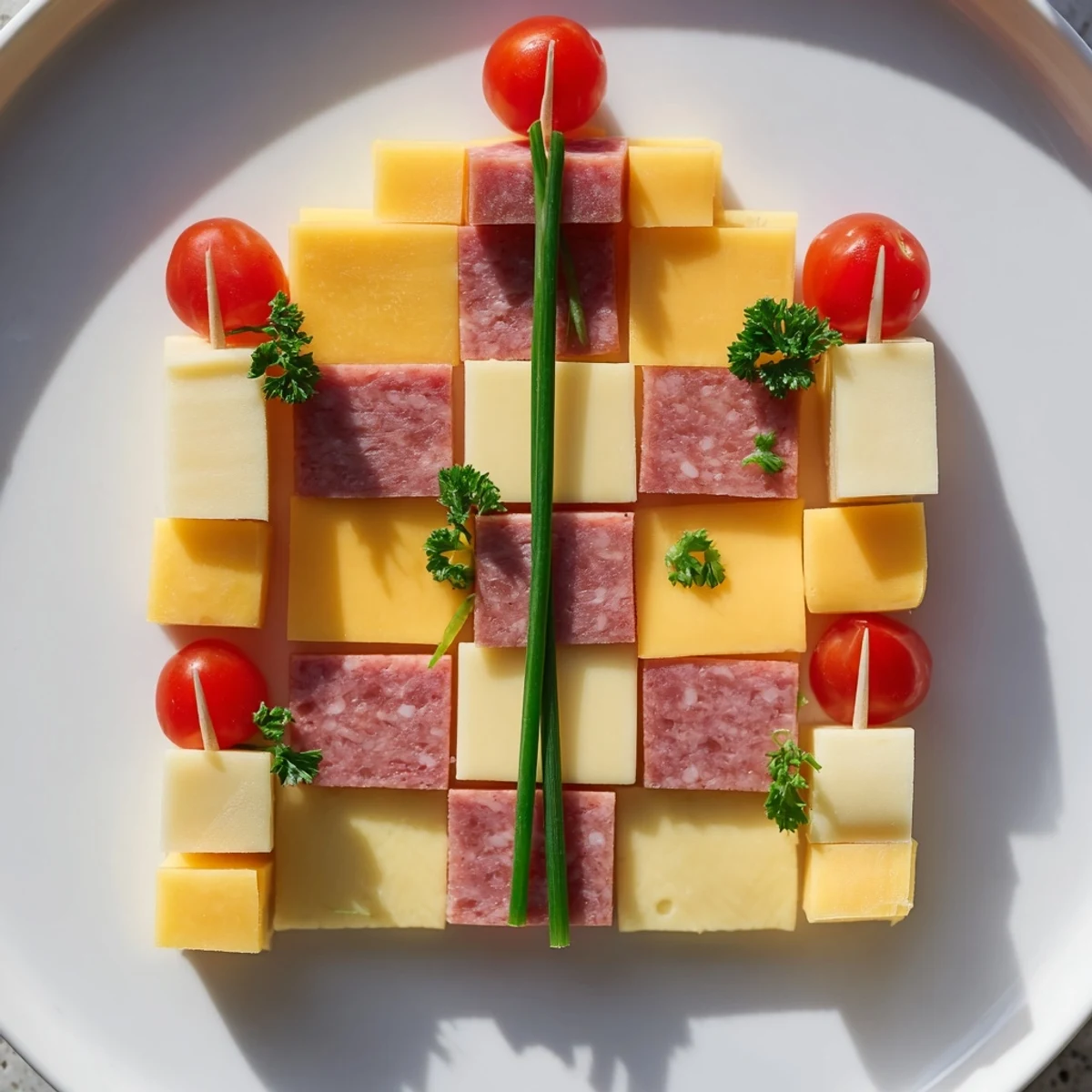 A vibrant image shows the Checkerboard Chalet appetizer built with cheese and cured meats.