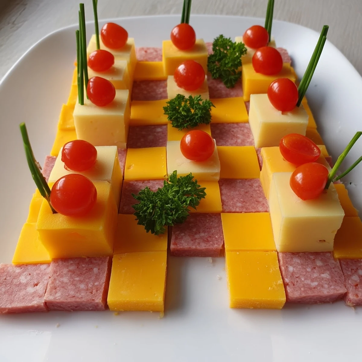 Delicious looking Checkerboard Chalet appetizer featuring a checkerboard base and a charming chalet structure.