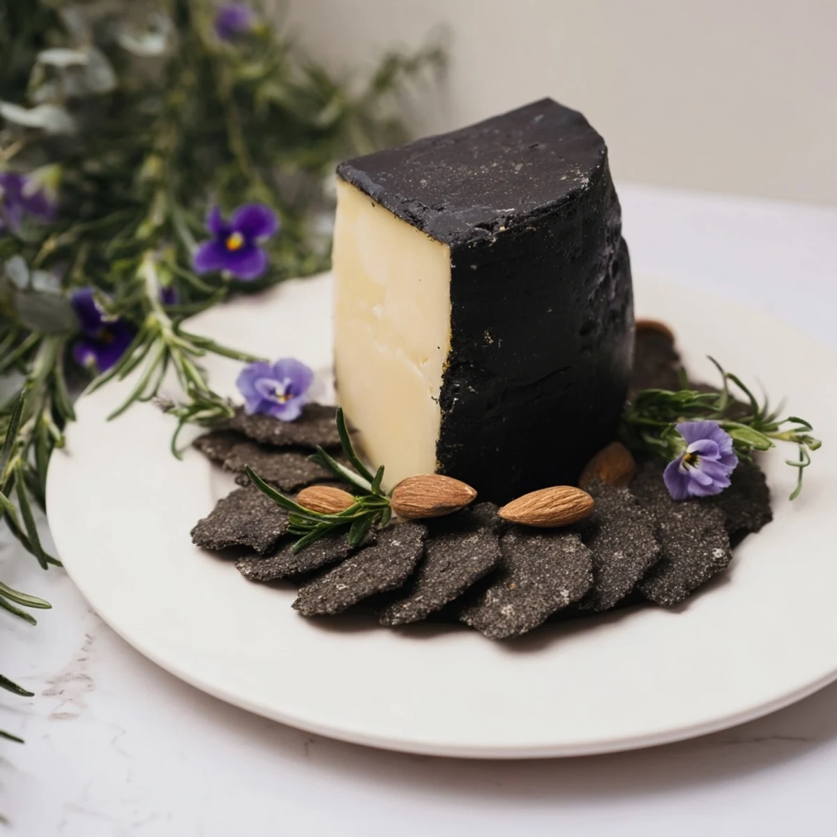 The Obsidian Peak cheese platter, featuring a black wax cheddar mountain, rye crackers, and charcoal almonds.