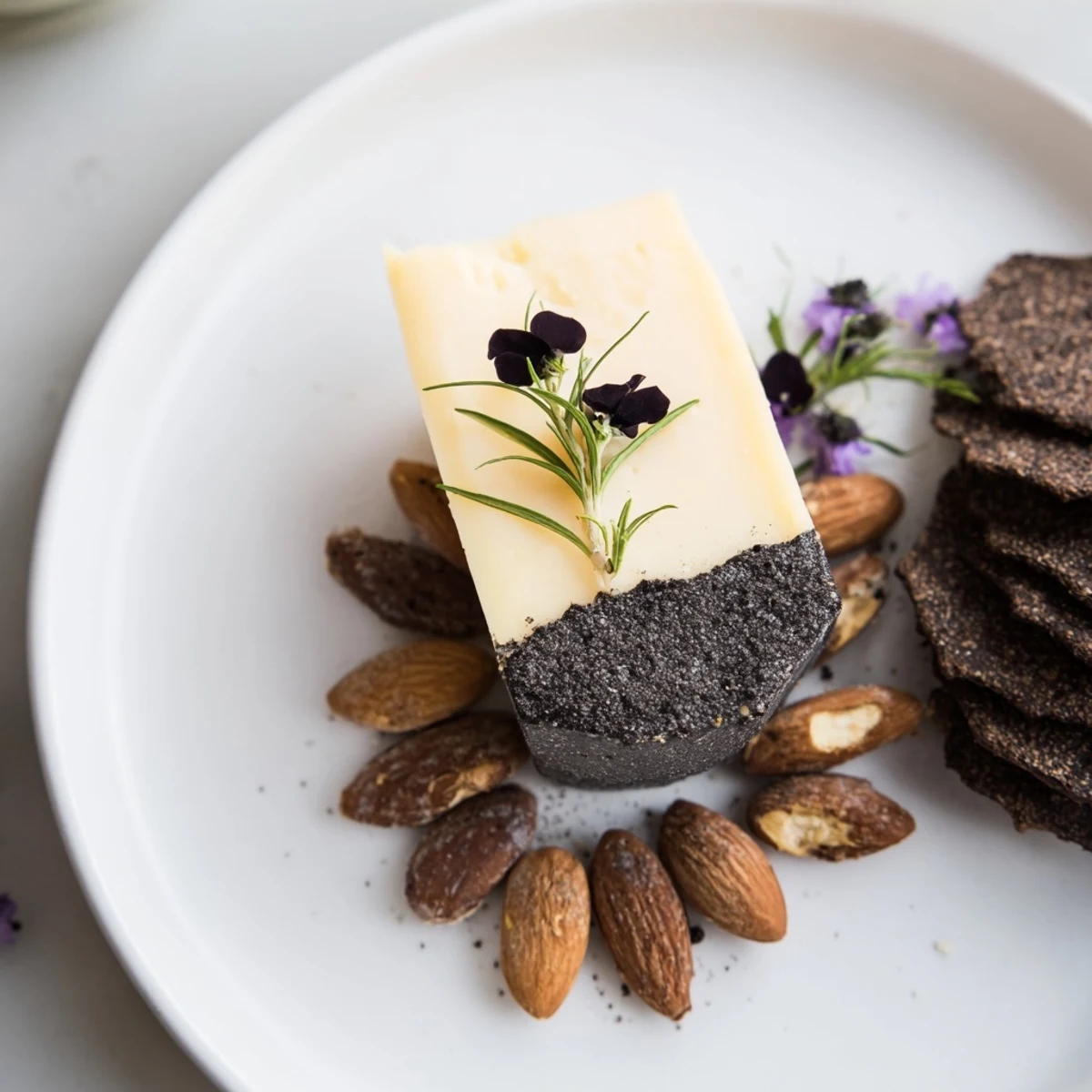 Dramatic The Obsidian Peak cheese board; a black cheddar "mountain" with rye crackers and charcoal almonds for serving.