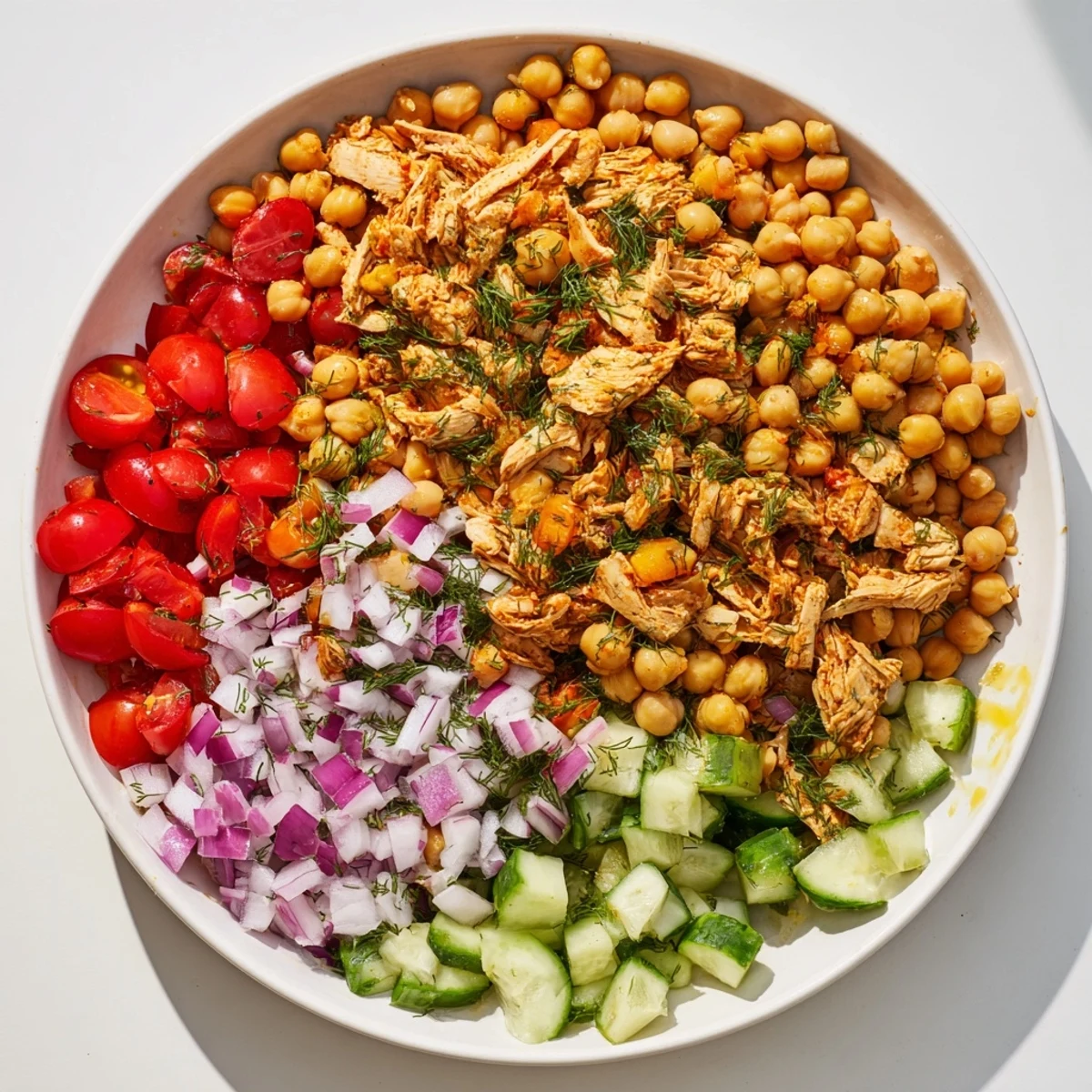 Zesty Dense Bean Salad with Lemon-Dill Chicken, featuring colorful veggies and juicy, shredded chicken.