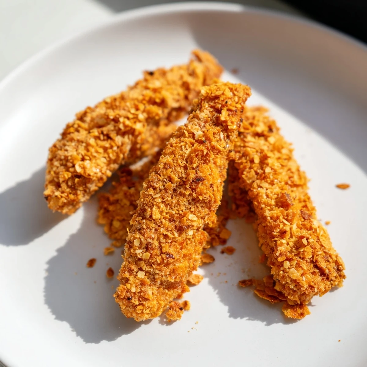 Golden-brown Crispy Onion Chip Chicken Tenders, served with dipping sauce, offer savory delight.